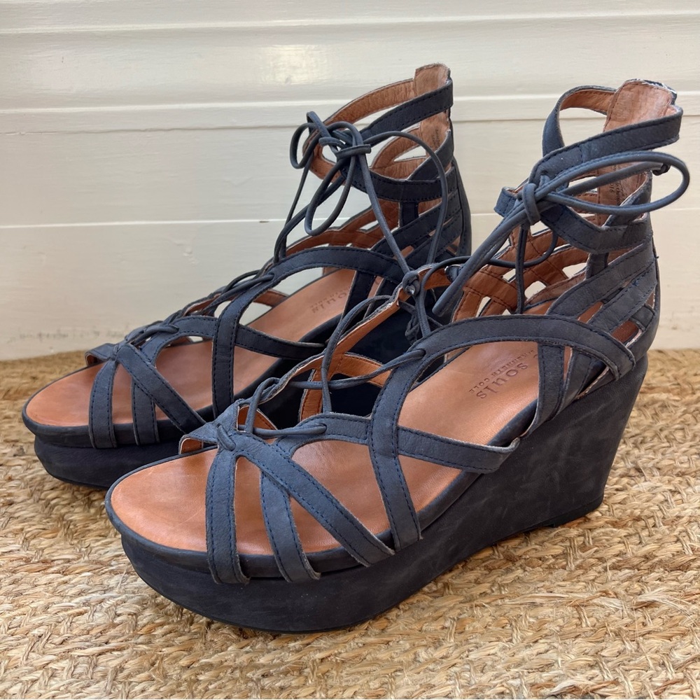 gentle souls Navy Lace-Up Platform Wedge Sandals